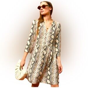 Maeve Anthropologie Women's Sz S Juno Tan Python Snake Print Dress 3/4 Sleeve